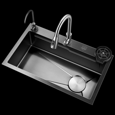 Cuci dapur multifungsi 304 Stainless Steel Cuci dapur keran modern Hitam Air Terjun Hujan Cuci satu mangkuk