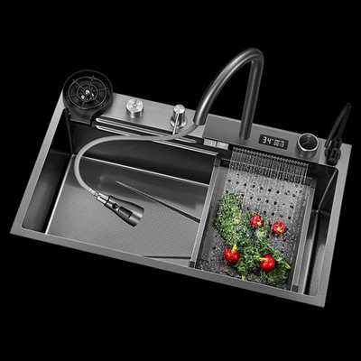 Cuci dapur multifungsi 304 Stainless Steel Cuci dapur keran modern Hitam Air Terjun Hujan Cuci satu mangkuk