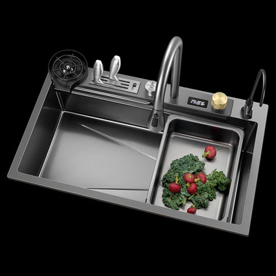 Cuci dapur multifungsi 304 Stainless Steel Cuci dapur keran modern Hitam Air Terjun Hujan Cuci satu mangkuk