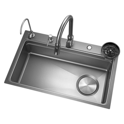 2024 Populer Besar Single Slot Multifungsi Stainless Steel Air Terjun Dapur Sink Anti-Goresan LED Digital Display