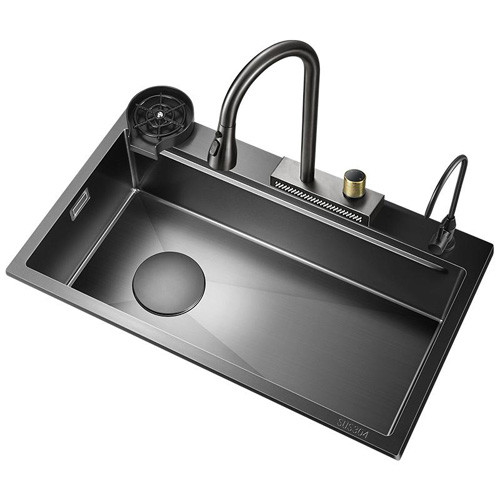2024 Stainless Steel Dapur wastafel Dengan 2 Piano Key Led Air Terjun Keran Besar Single Slot Bionic Honeycomb Hitam Cuci Ba